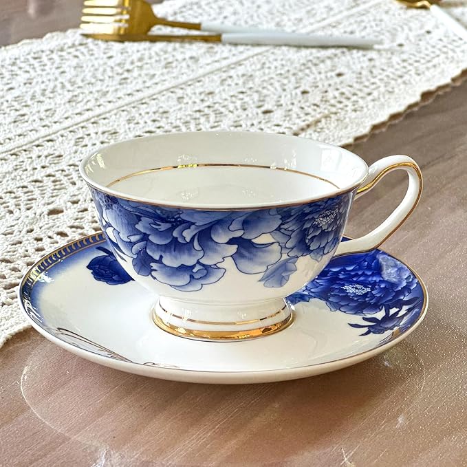 ACMLIFE Bone China Tea Sets, Blue and Gold Tea Set for Adults Porcelain Tea Cup Set, Cup and Saucer Set Vintage Floral for Women Party or Christmas Gifts Giving (china blue) - Bloomnest