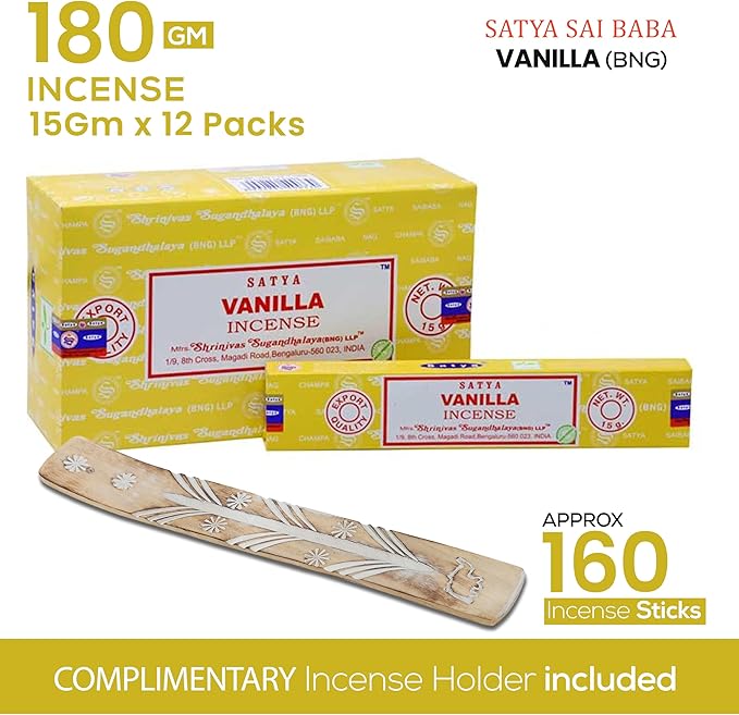 Satya Vanilla Incense Sticks - Bng 15gmx12 Pack With Raajsee Incense Holder Bundle - Nagchampa Natural - Bloomnest