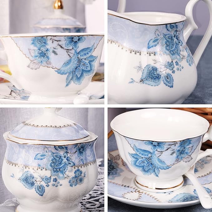 fanquare Blue Flowers Porcelain Tea Set, Tea Cup and Saucer Set Service for 6, Wedding Tea Set with Sugar Bowl Cream Pitcher, Floral Coffee Set for Tea Party - Bloomnest