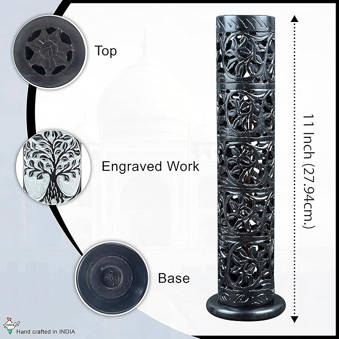 Crocon Handmade Black Marble Soapstone Incense Stick Burner Round Shape Elephant Tower Burner | Incense Cone & Candle Stick Holder | Decorative Home & Kitchen | Living Room Decor | Best Gift Set