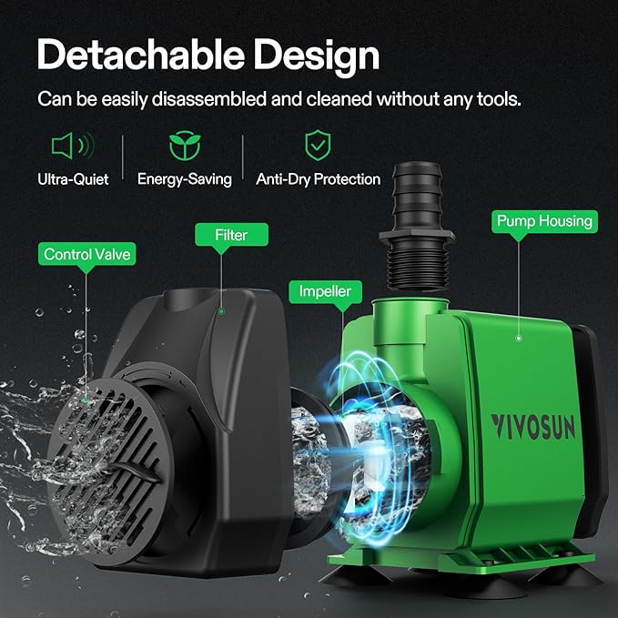 VIVOSUN 800GPH Submersible Pump(3000L/H, 24W), Ultra Quiet Water Fountain Pump with 10ft. High Lift with 6.5ft. Power Cord, 3 Nozzles for Fish Tank, Pond, Aquarium, Statuary, Hydroponics Green - Bloomnest