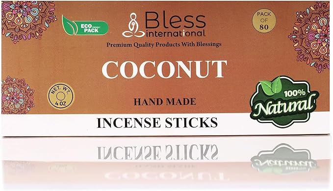 Bless-Coconut 100%-Natural-Handmade-Hand-Dipped-Incense-Sticks Organic-Chemicals-Charcoal-Free Purification-Relaxation-Positivity-Yoga-Meditation Best-Woods-Scent (80 Sticks (4.20 OZ)) BlessInternational