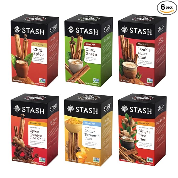 Stash Tea Chai Tea Variety Pack Sampler Assortment - Caffeinated, Non-GMO Project Verified Premium Tea with No Artificial Ingredients, 18-20 Count (Pack of 6) - Bloomnest