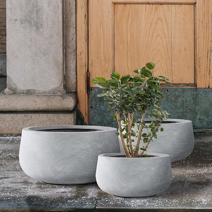 Kante 19.6",15.7",11.8" Dia Round Concrete Planters Set of 3, Cement Plant Pots with Drainage Hole and Rubber Plug for Outdoor Indoor Garden Home, Modern Curvaceous Design, Gray - Bloomnest