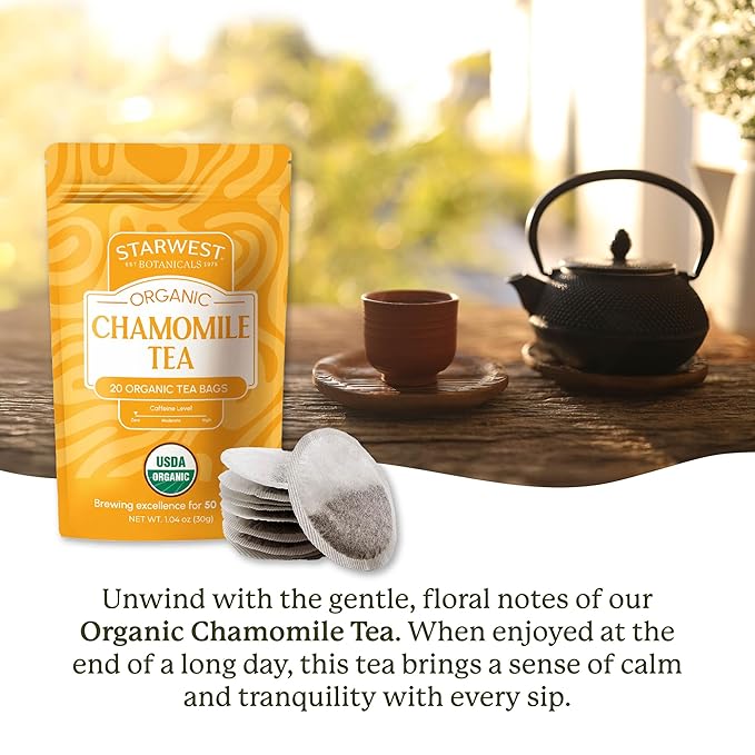 Starwest Botanicals Organic Chamomile Tea - Caffeine Free Herbal Tea, Supports Sleep & Relaxation, String Free Sachets, USDA Organic Chamomile, Non GMO - 20 Tea Bags - Bloomnest
