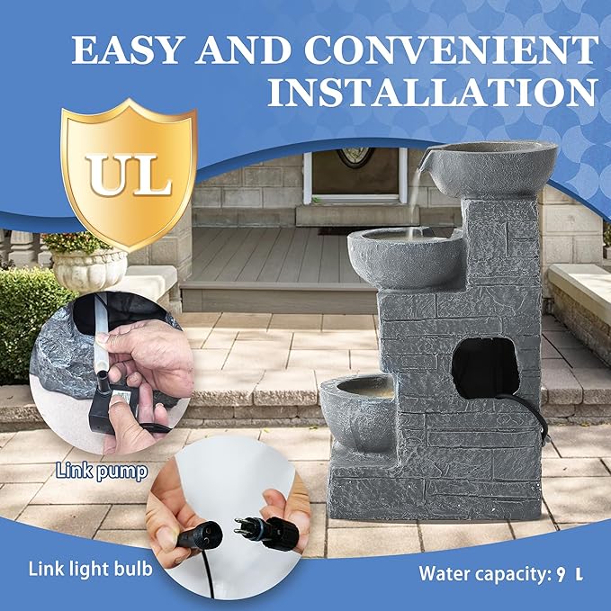Outdoor Water Fountains with Cascading Bowls, 4-Tiers Fountains and Waterfalls w/LED Lights,Indoor Morden Floor Standing Resin Water Feature for Garden Patio Backyard Home Decor (Light Grey) - Bloomnest