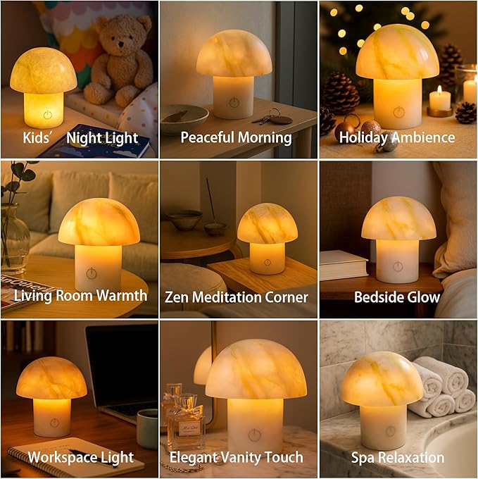 Arctic Green Gemstone Mushroom Lamp - Natural Luxury Stone Night Light with LED, Touch Control 3 Brightness, USB Rechargeable Bedside Decor Gift - Bloomnest