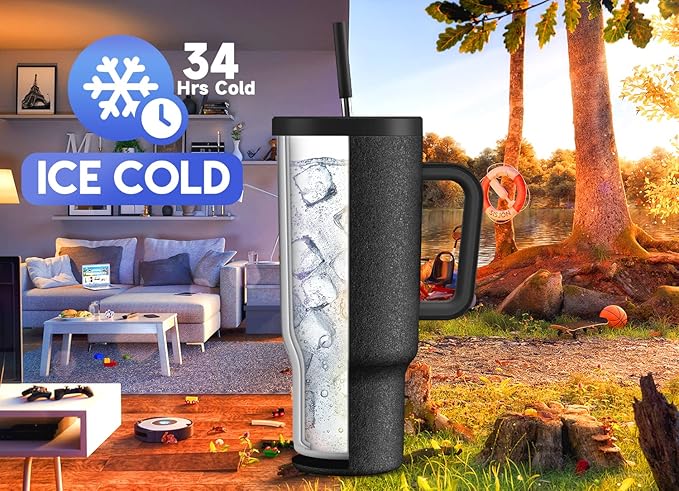 Meoky 40oz Tumbler with Handle, Leak-proof Lid and Straw, Insulated Coffee Mug Stainless Steel Travel Mug, Keeps Cold for 34 Hours or Hot for 10 Hours (Night) - Bloomnest