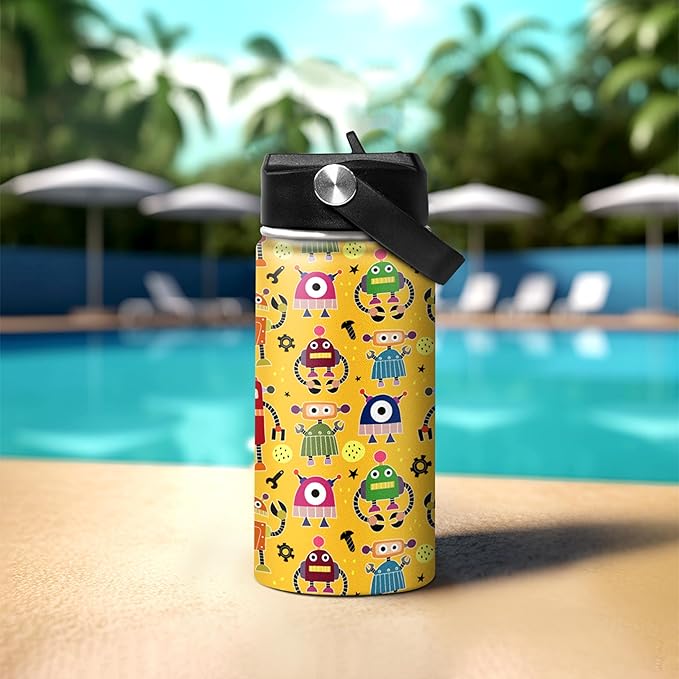 Kids Water Bottle with Straw Robot Insulated Water Bottles 12oz Stainless Steel Travel School Tumbler Double Wall Vacuum Cup for Boys Kid - Bloomnest
