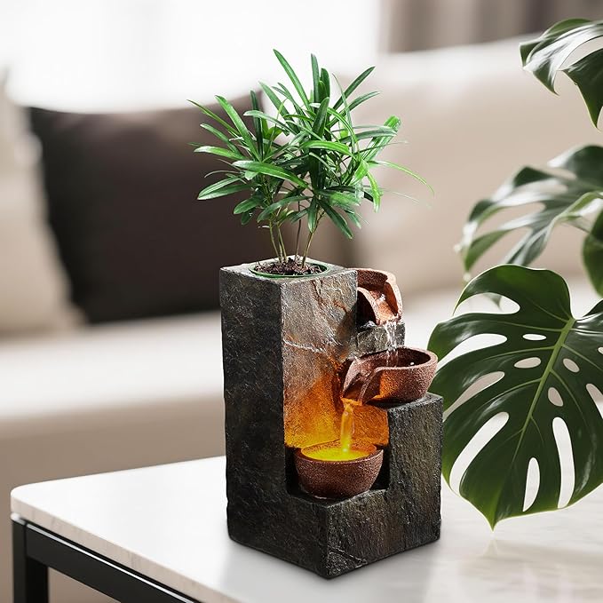 Tabletop Indoor Water Fountain – 3-Tier Rock Waterfall Fountain with Warm LED Light and DIY Planting Pot – Relaxing Small Water Feature for Desk or Home Decor (23061) - Bloomnest