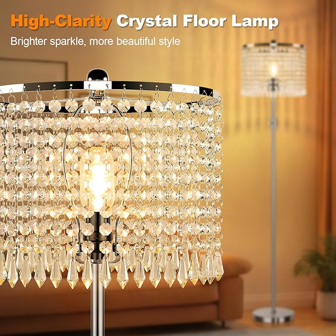 【Upgraded】 Dimmable Floor Lamps for Living Room, 1000LM LED Bulb Included, Standing Lamp with Crystal Lampshade, Tall Silver Pole Light for Bedroom Nursery Office Corner Reading - Bloomnest