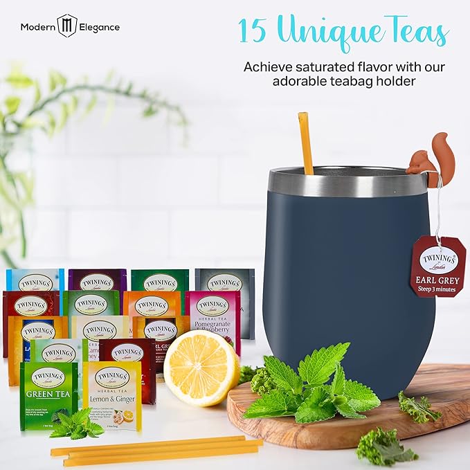 Tea Gifts for Women – Sampler Gift Basket with 15 Unique Blends, Honey Sticks, Stainless Tumbler & Gift-Ready Box (Blue/Blue box) - Bloomnest