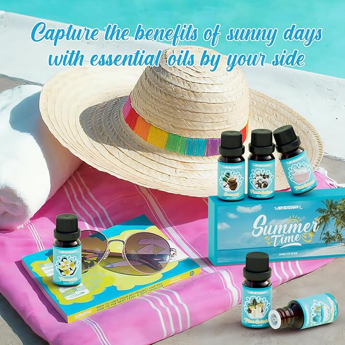 Summer Essential Oils Set, ARVIDSSON Tropical Fragrance Oil for Candle Making, Diffuser Scented Oil - Ocean Breeze, Pina Colada, Fresh Cotton, Pink Island, Plumeria, Coconut - Bloomnest