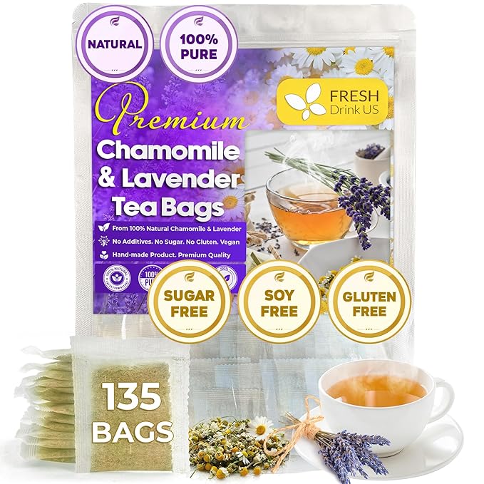 FreshDrinkUS, Premium 135 Chamomile Lavender Tea Bags, 100% Natural Herbal Ingredients, Hand-made Blend of Chamomile Lavender Flowers, Eco-conscious Tea Bags. No Sugar, No Caffeine, No Gluten, Vegan. - Bloomnest