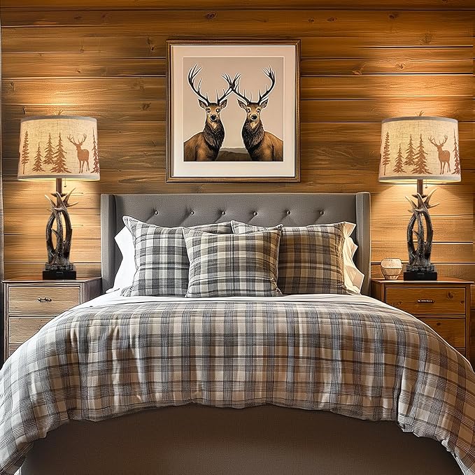 Farmhouse Deer Antler Table Lamps Set of 2 Rustic Western Bedside Lamp with USB A+C & Outlet for Log Cabin Bedroom Hunting Themed Livig Room End Table Cottage Home Decor,Deer Print Linen Fabric Shade - Bloomnest