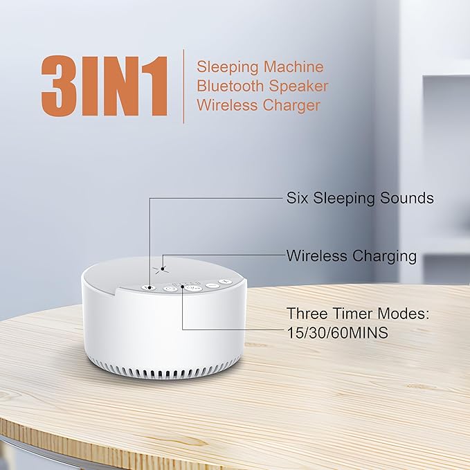 Sound Machine with Wireless Charger&Bluetooth Speaker White Noise Machine with Memory Function,6 Soothing Sounds,3 Timers Modes for Baby Kids Adult & Home Office Travel - Bloomnest