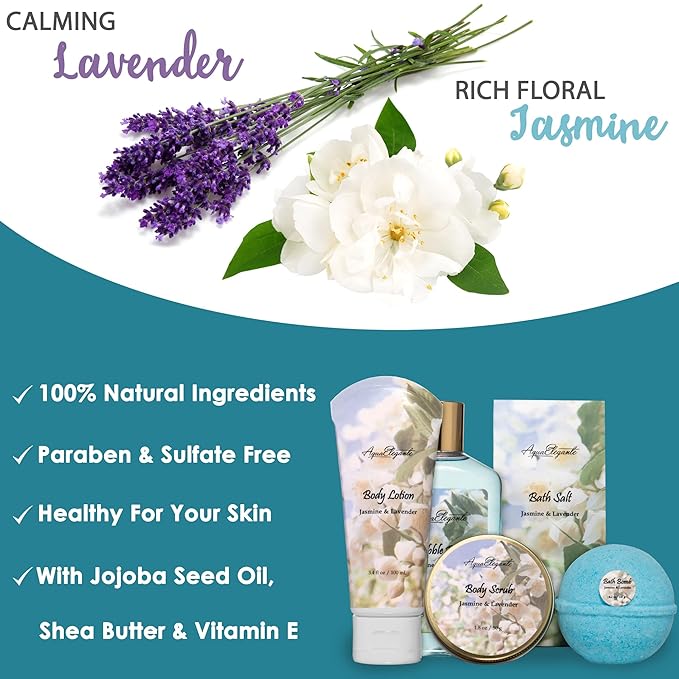 Spa Baskets For Women - Luxury Bath Set With Jasmine & Lavender - Spa Kit Includes Wash, Bubble Bath, Lotion, Bath Salts, Body Scrub, Hand Cream, Shower Puff, Bathbombs, Soap and Towel - Bloomnest