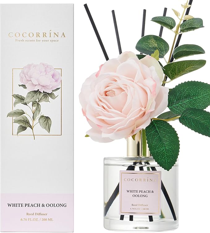 Cocorrína Flower Reed Diffuser - White Peach& Oolong 6.7oz Scented Diffuser with Sticks Home Fragrance Essential Oil for Bathroom Shelf Decor (Artificial Flower) - Bloomnest