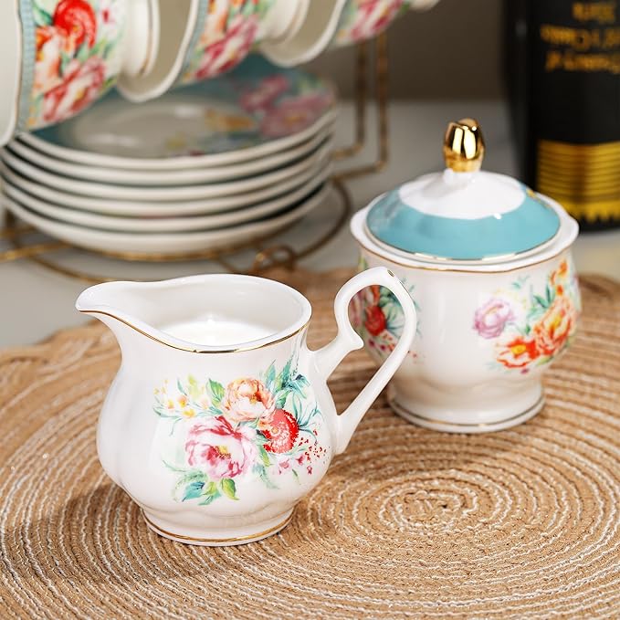 fanquare 21-Piece Green and Floral Porcelain Tea Set, Vintage Ceramic Tea Cup and Saucer Set for 6, Teapot Set for Women Party - Bloomnest