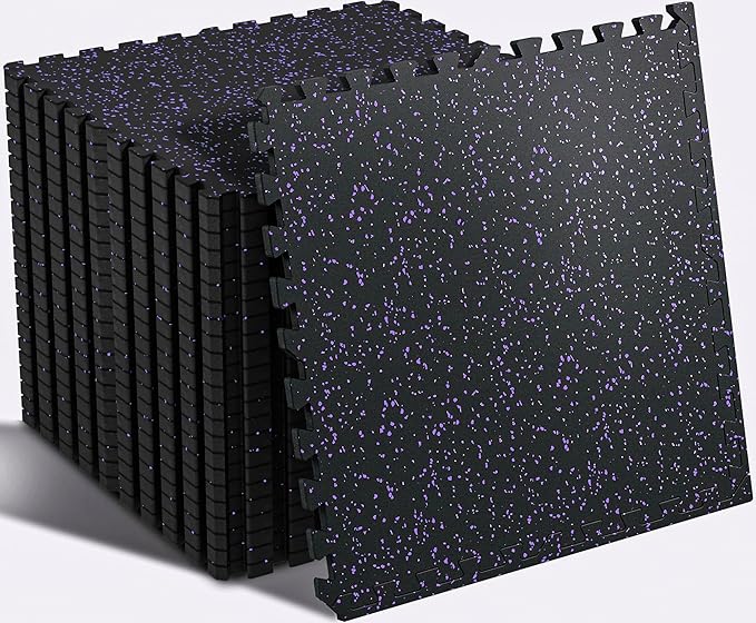 SUPERJARE 0.56'' Thick 24 Pcs 96 Sq Ft Rubber Top Exercise Equipment Mats, High Density EVA Foam Mats with Rubber Top, Interlocking Gym Flooring for Home Gym, Protective Workout Mat, Black/Purple - Bloomnest