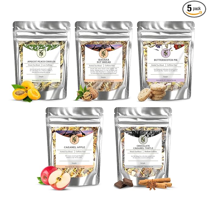 Nelson's Tea Dessert Sampler Pack Tea - Loose Leaf Tea Sampler - Apricot Peach Cobbler, Banana Nut Bread, Butterscotch Pie, Caramel Apple, Chocolate Caramel Turtle - Sample Sizes - Bloomnest