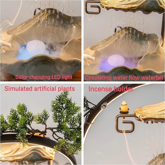 15In Fake Tree Bonsai Humidifier Water Fountain Waterfall Indoor Tabletop Decration with LED Light, Atomizer Circulating Water, Japanese Zen Decor Meditation Feng Shui Decor Festival Birthday surprise - Bloomnest