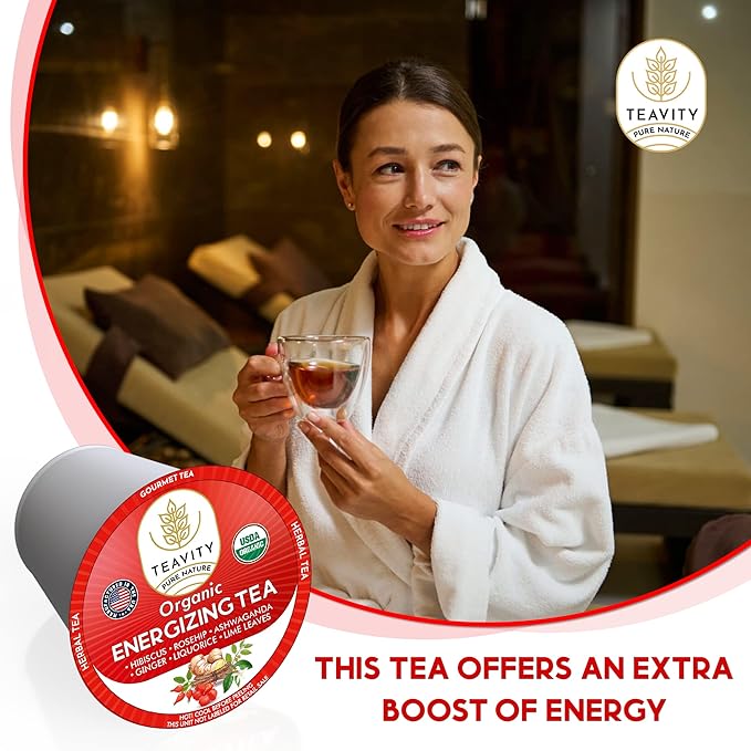 Organic Ashwagandha Tea Pods for Keurig with Ginger, Licorice, Organic Hibiscus Sabdariffa, Rosehip, & Lime - Decaf Herbal Tea - Energizing Tea by Teavity (12 Tea Pods) - Bloomnest