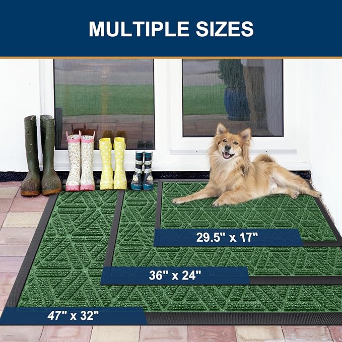 Smiry Front Door Mat Outside Entrance, Heavy Duty Sturdy Natural Rubber Doormat, Trap Dirt and Moisture, Easy Clean Low Profile Mats for Indoor Outdoor Entry, Grid Geometric (47x32, Green) - Bloomnest