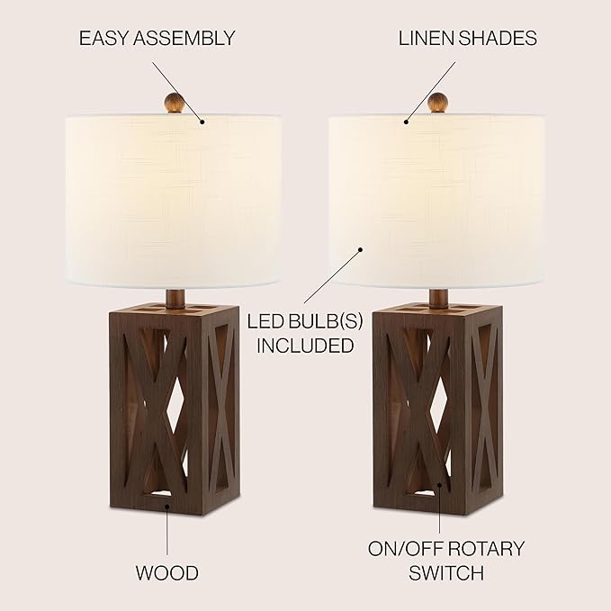 JONATHAN Y JYL1062A-SET2 Stewart 21.5" Wood LED Table Lamp Farmhouse, French Country, Rustic, Bohemian, Bedroom, Living Room, Office, College, Bookcase, Brown (Set of 2) - Bloomnest