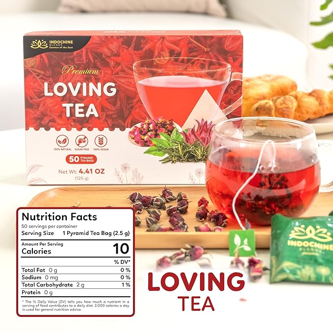 Indochine Blends Loving Tea | Hibiscus Tea Bags | Hibiscus & Organic Rosemary, Black Tea, Rose | Sugar-Free, Caffeine-Free Herbal Tea for Relaxation | 4.4 oz | 50 Corn-Fiber Pyramid Bags - Bloomnest