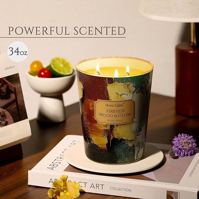 HomeLights 3-Wick Candles for Home Scented - 34oz Soy Wax Blend Candle Long-Lasting Fragrance, Industrial Chic Home Decor and Housewarming Gifts, Fireside Wood & Glow - Bloomnest