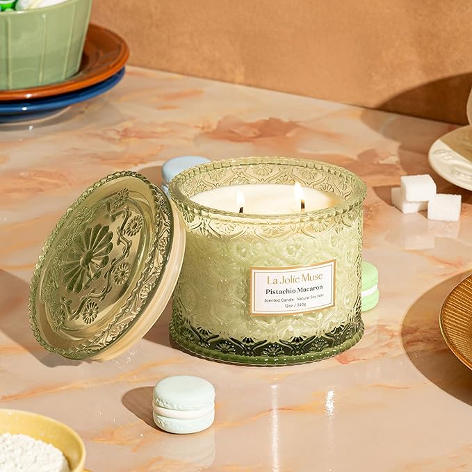 LA JOLIE MUSE Pistachio Macaron Candle | Pistachio, Milk & Vanilla | 12 oz Double Wick Soy Candle | Natural Soy Wax | 60 Hours Clean Burn | Holiday Gift for Dessert Lovers | Seasonal Home Décor - Bloomnest
