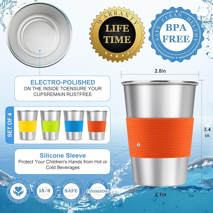 Stainless Steel Cups for Kids with Silicone Sleeves 7.8oz/230ml (4 Pack), Stainless Steel Tumbler, Kids Cups, Camping Stainless Steel Cups, Stackable Durable Metal Drinking Glasses, BPA Free - Bloomnest