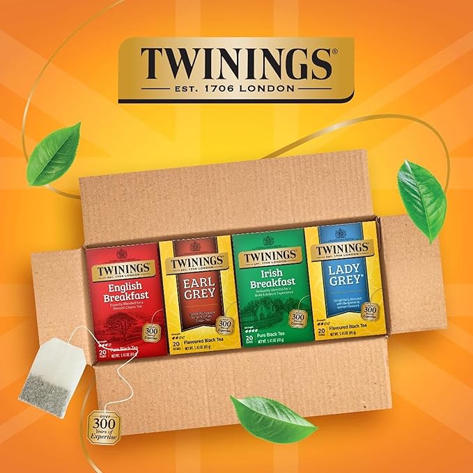Twinings Variety Pack Black Tea Bags, 20 Count (Pack of 4), Includes English Breakfast, Earl Grey, Irish Breakfast, and Lady Grey, Caffeinated, Enjoy Hot or Iced, 80 Teabags - Bloomnest