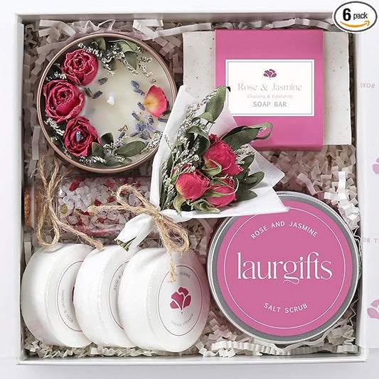 Valentine’s Day Spa Gift Set for Women – Romantic Rose & Jasmine Self Care Gift Box with Candle, Soap & Bath Treats – Pink Valentine Gift for Her, Wife, Girlfriend or Mom - Bloomnest