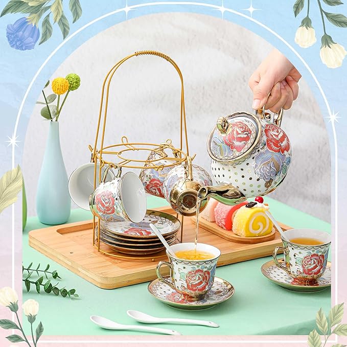 Zhehao 20 Pcs Porcelain Tea Set with Metal Holder and Spoon Adult Ceramic Tea Set European Flower Painting Teapot Cup Saucer Spoon for Women, Large Version(Romantic Style) - Bloomnest