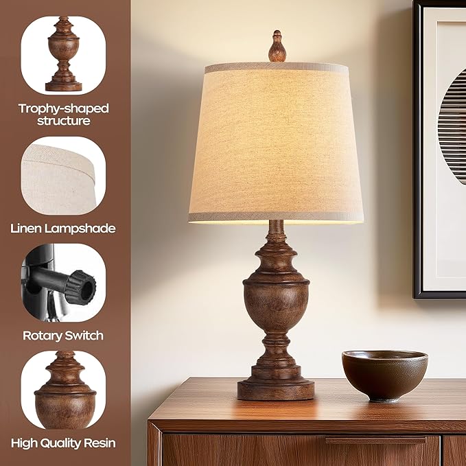 PARTPHONER Retro Table Lamps Set of 2, Bedside Lamp for Bedroom Rustic Farmhouse Table Lamps for Living Room, Vintage Nightstand Lamps with White Shades, Wood Grain - Bloomnest