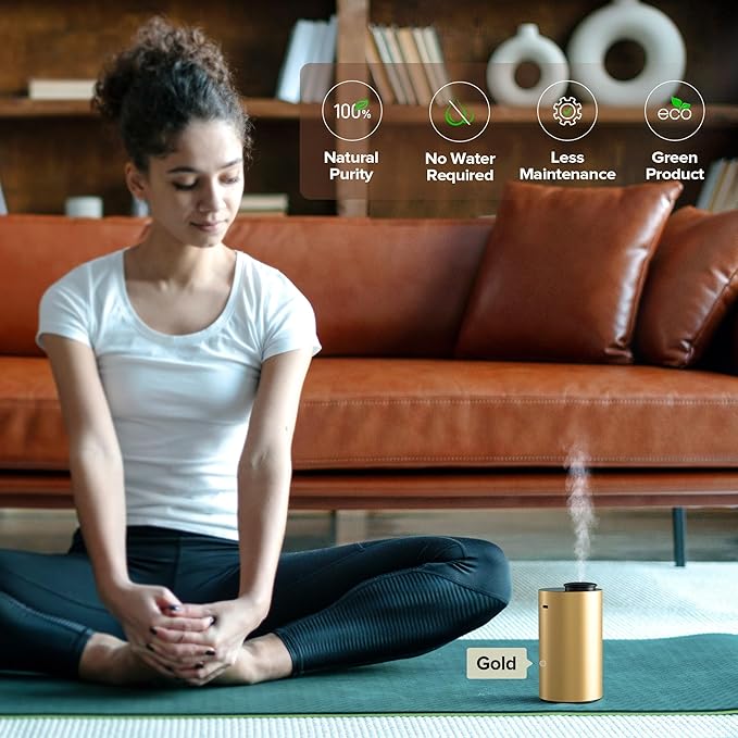 Airversa Waterless Essential Oil Diffuser for Home Aromatherapy Scent Diffusers with 3 Countdown Timer Settings or Timer-Off, 3 Mist Levels for Car Room Studio Office, ANX Premium Metal Gold - Bloomnest