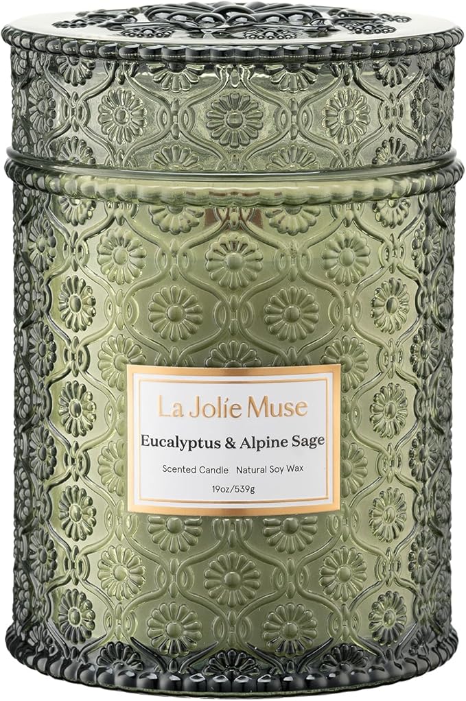 LA JOLIE MUSE Eucalyptus & Alpine Sage Candle – Eucalyptus, Sage & Lavender | 19 oz Wooden Wick | Natural Soy Wax | 90 Hours Burn | Candle for Relaxation - Bloomnest