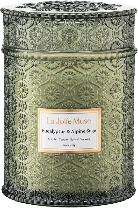 LA JOLIE MUSE Eucalyptus & Alpine Sage Candle – Eucalyptus, Sage & Lavender | 19 oz Wooden Wick | Natural Soy Wax | 90 Hours Burn | Candle for Relaxation - Bloomnest