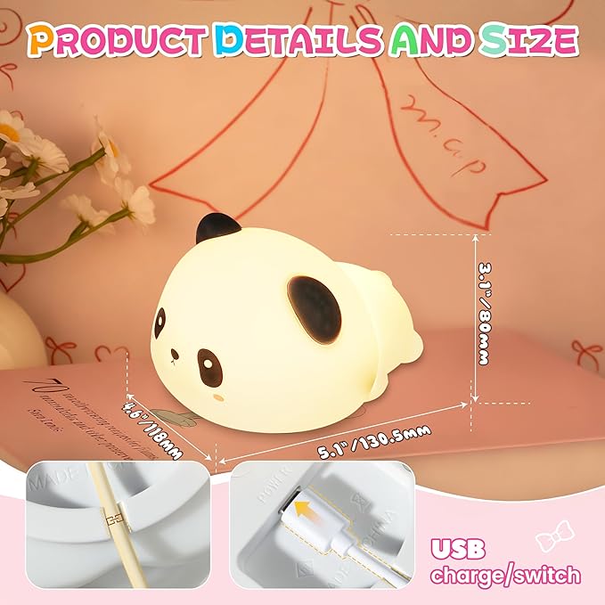 Night Light for Kids, Rechargeable Dimmable Silicone LED Nightlight with 7 Colors, Baby Nursery Night Lamp, Touch Squishy Lamp, Cute Gifts for Girls, Boys, Toddler Room Decor, Lying Panda - Bloomnest