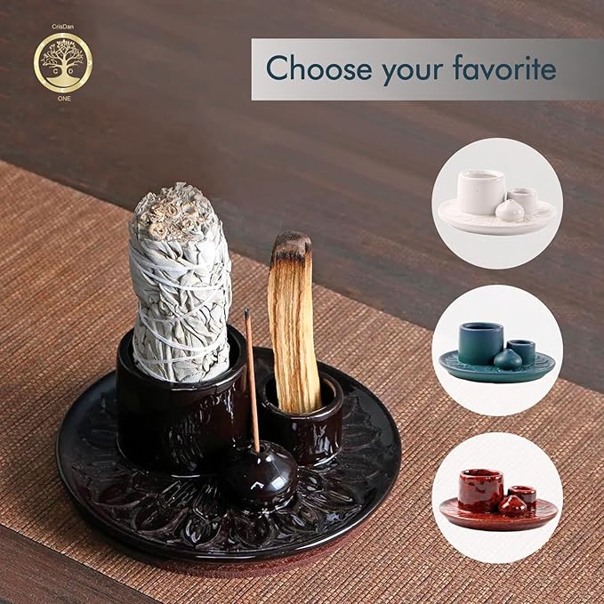 4-in-1 Palo Santo Holder, Sage & Incense Stick Burner – Ceramic White Ash Catcher Tray for Meditation, Yoga, Smudging & Spiritual Cleansing – Incense Holder for Sticks & Sage - Bloomnest