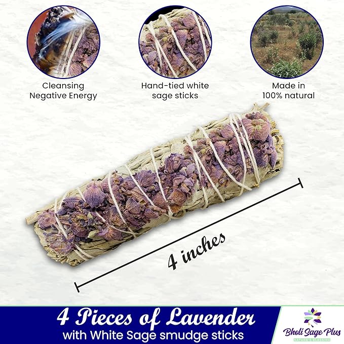 Lavender with White Sage - Bholi Sage Plus Sage Incense Sticks for Cleansing Negative Energy, Sage Sticks for House Cleansing - Lavender with White Sage Smudge Sticks Pack of 4 - Bloomnest