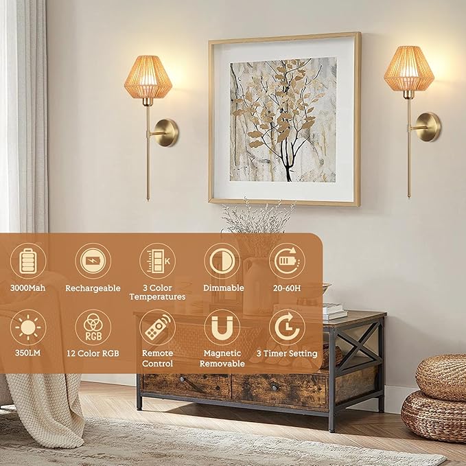 Battery Operated Wall Sconce Set of 2, Rattan Rechargeable Wall Light Dimmable with Remote Control, 15 Color Changing and Timer, Boho Wireless Battery Operated Wall lamps for Bedroom, living room - Bloomnest