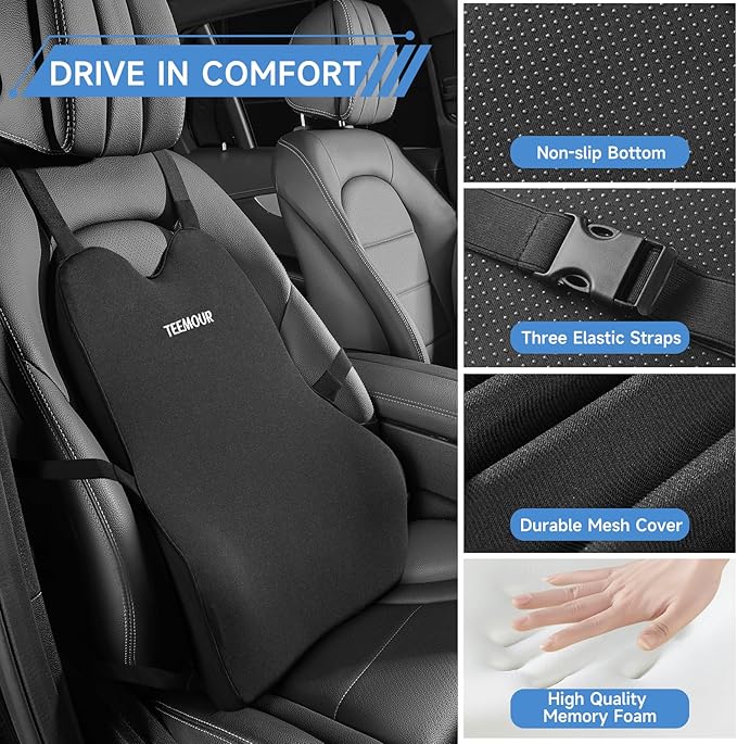 Lumbar Support Pillow for Car Improve Lower Back Pain Relief & Sitting Posture Back Support Memory Foam Back Cushion for Driving, Lumbar Comfort for Long Sitting, Truck with Three Adjustable Straps - Bloomnest