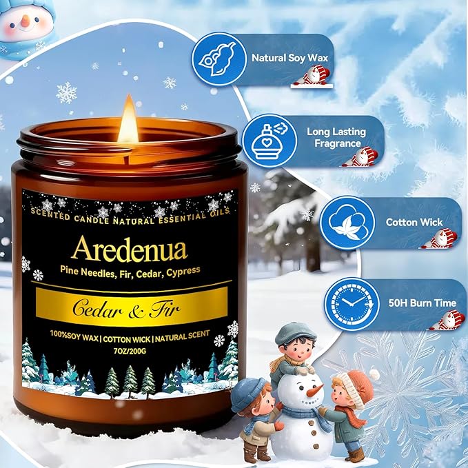 Winter Candles – Cedar & Fir Scented Candle | 7oz Soy Candles for Home Scented with 50H Burn - Evergreen Pine Christmas Candle for Home | Winter Aromatherapy Gifts for Women Men - Bloomnest