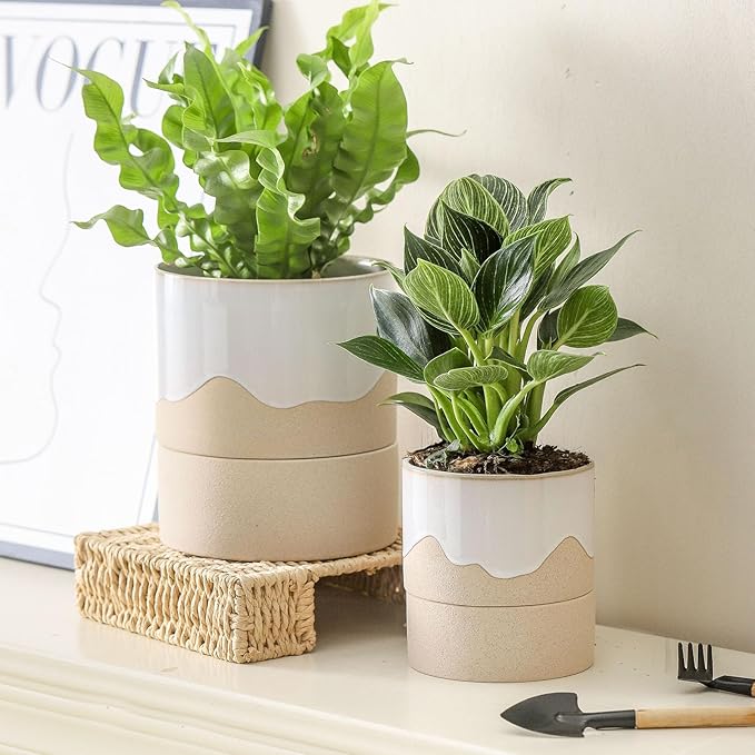 Nihow Self Watering Plant Pot for Indoor Plants: 4.5+6 Inch Ceramic Planter with Drainage Hole & Water Storage Plus - Cylinder Flower Pot with Wick for Herbs -White & Nature - Bloomnest