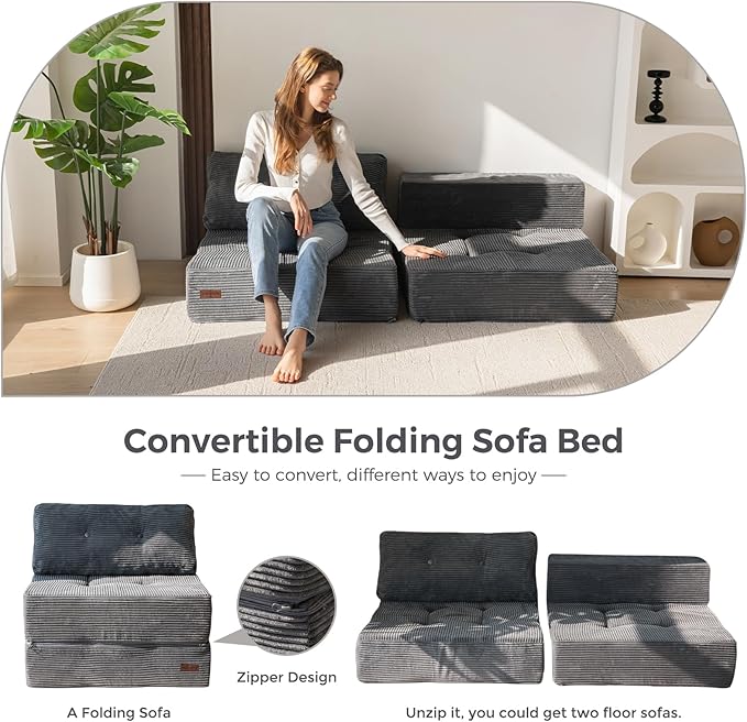 MAXYOYO Folding Sofa Bed, Convertible Sofa Bed with High-Density Support Foam, Portable 4 in 1 Fold Out Chair to Floor Lounger, Versatile Floor Couch for Living Room Bedroom, Dark Grey - Bloomnest