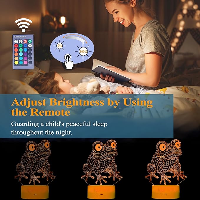 Cute Frog Night Light, Frog Gifts, Frog 3D Illusion Lamp with RGB 16 Colors Changing, Remote Control, Dimmable, Kids Room Decoration Baby's Light Room Decor Children Gifts - Bloomnest