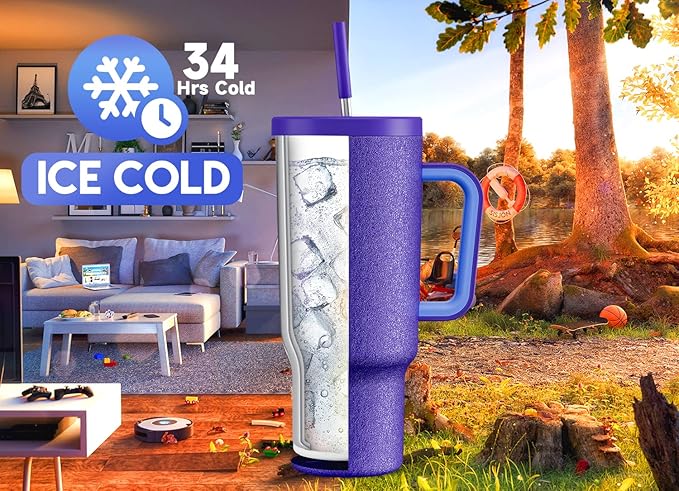 Meoky 40oz Tumbler with Handle, Leak-proof Lid and Straw, Insulated Coffee Mug Stainless Steel Travel Mug, Keeps Cold for 34 Hours or Hot for 10 Hours (Offshore) - Bloomnest